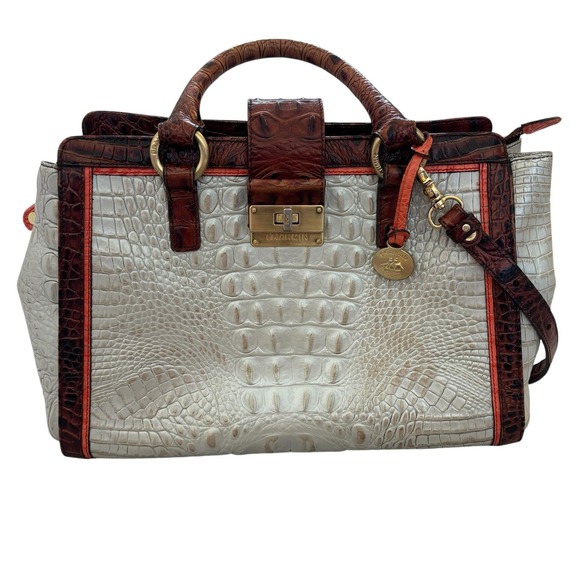 Brahmin Handbags - Brahmin Croc Embossed Satchel Bag Womens Medium Beige Brown Top Handle Classic